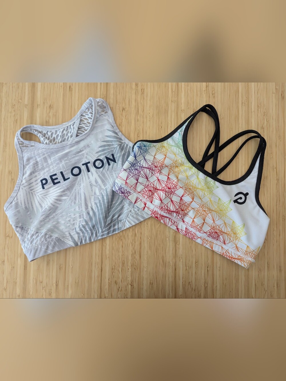 Peloton X WITH White Palm Racerback & Multicolor Prism Strappy Sports Bras